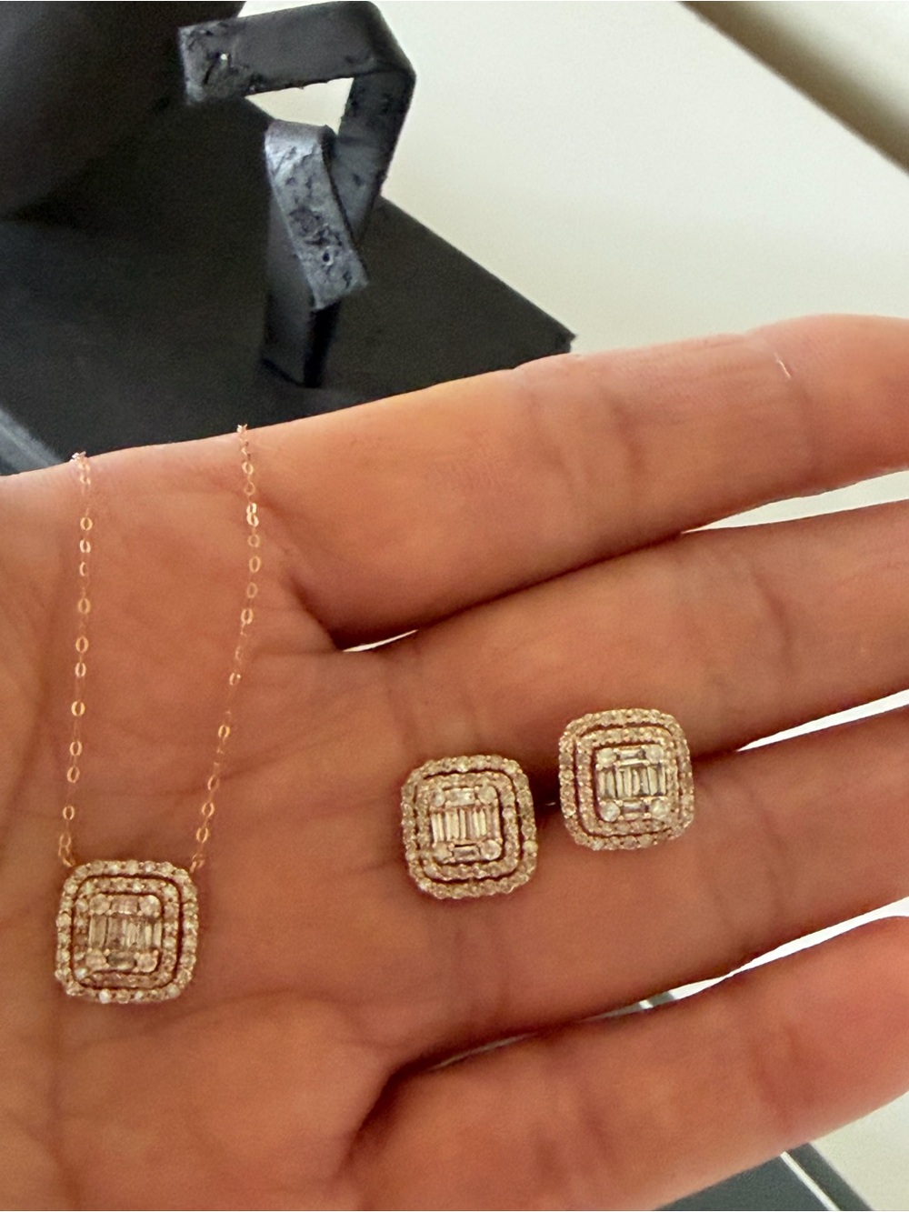 Rose Gold Square Halo Diamond Necklace and Stud Earring Set 18k rose gold settin